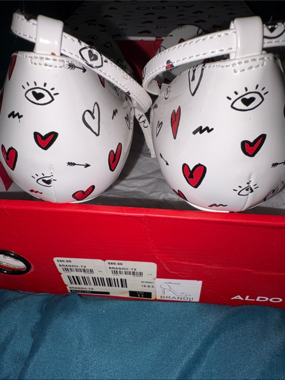 Aldo - White Ankle-Strap Heels with Red & Black Eye doodle- Heart Print -Size 11 - Picture 9 of 16